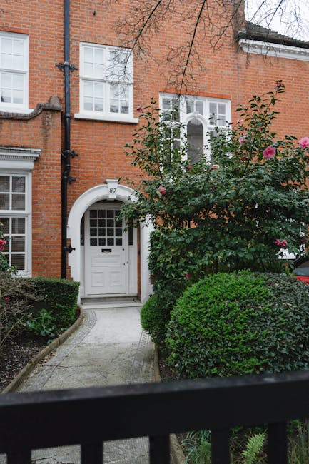 The front garden of a period property features a narrow concrete pathway leading to a white wooden door with a semi-circular arch and a small window above. The garden is bordered by well-maintained, r